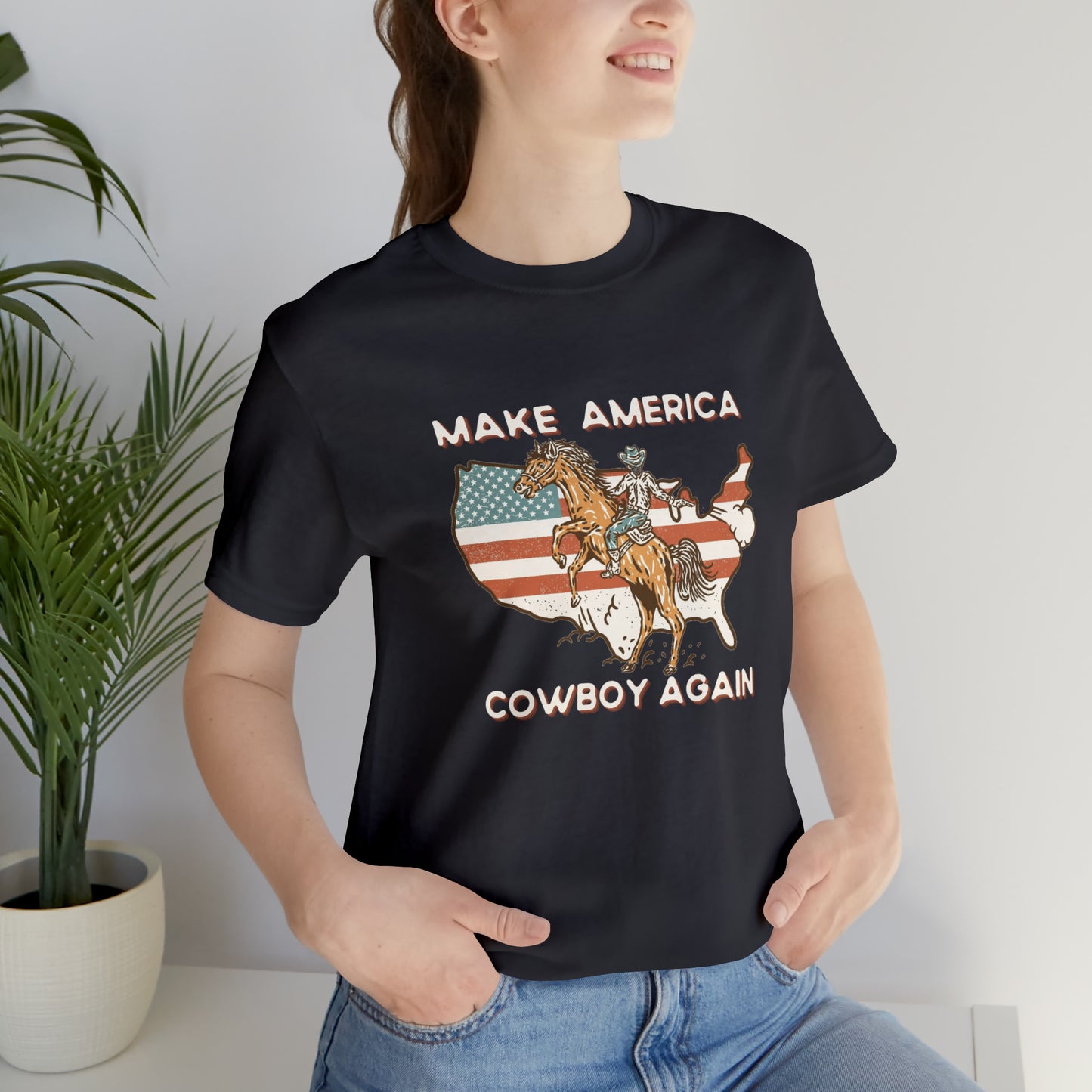 Western Make America Cowboy Again, Vintage Western Graphic Tee, American Flag Gift Idea, Western Graphic T-Shirt